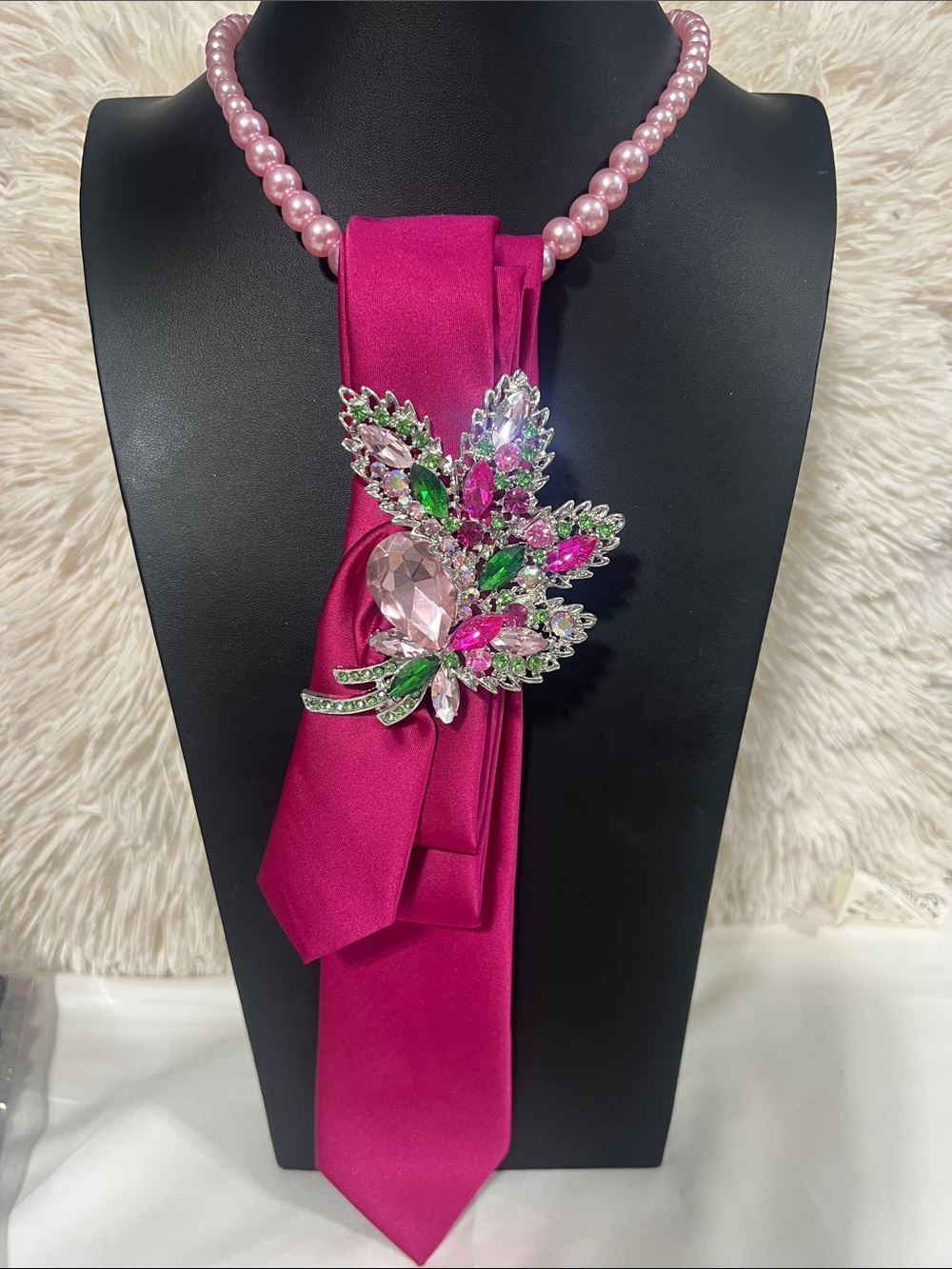 Pink Crystal Statement Brooch Necklace - Unbranded